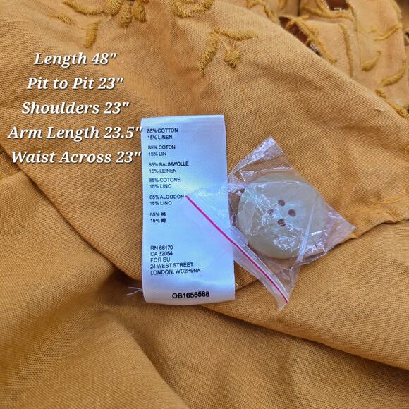 Free People Susanna Eyelet Cotton & Linen Duster Coat – Mustard Amber | Size M - Picture 5 of 6